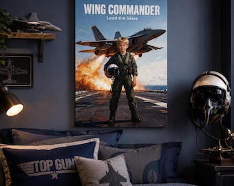 Wing Commander Kids Canvas Wall Art, Personalized Fighter Pilot Boy Room Decor, Air Force Jet Bedroom Canvas Print