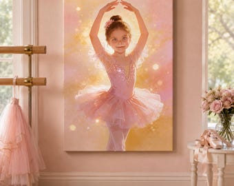 Personalized Ballerina Canvas Wall Art, Custom Ballet Girl Portrait, Pink Ballet Bedroom Decor, Ballet Dancer Gift for Girls