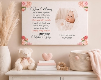 Personalized First Mother’s Day Canvas From Baby, Dear Mommy Custom Photo Gift, New Mom Keepsake, Baby Girl Mother’s Day Decor