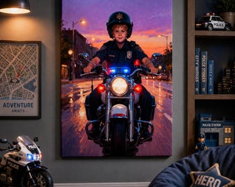 Police Motorcycle Kids Canvas Wall Art, Personalized Police Officer Boy Bedroom Decor, Cop Motorcycle Canvas Print