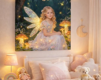 Custom Fairy Portrait Canvas, Personalized Girl Wall Art, Enchanted Forest Fantasy Print