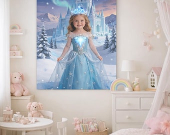 Custom Ice Princess Canvas Portrait, Personalized Winter Castle Wall Art, Kids Room Decor