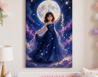 Custom Photo Moon Princess Canvas, Turn Your Girl Into Starry Night Princess Portrait, Personalized Galaxy Kids Wall Art Gift for Daughter