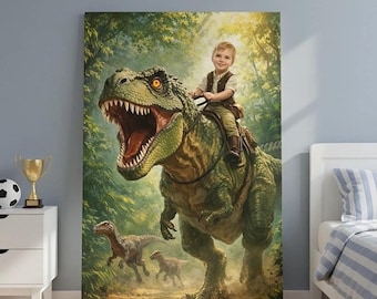 Custom Dinosaur Rider Canvas, Personalized T-Rex Boy Bedroom Art