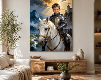 Personalized Knight Canvas, Custom Kids Portrait Riding Horse, Medieval Warrior Wall Art, Turn Your Child Into Knight, Fantasy Gift