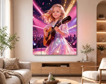 Turn Your Child Into a Rockstar Canvas, Custom Guitar Girl Portrait, Personalized Music Star Wall Art, Kids Performer Gift