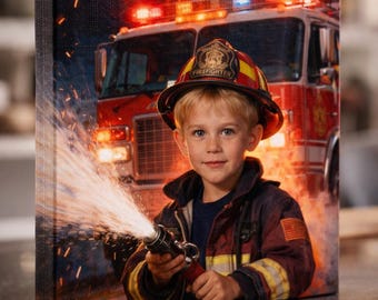 Personalized Firefighter Canvas, Custom Kids Portrait Fire Truck Wall Art, Firefighter Canvas, Kids Room Decor, Custom Photo Canvas