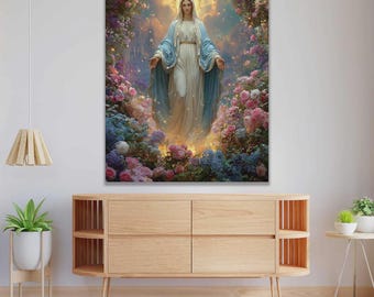 Virgin Mary Floral Canvas Wall Art, Blessed Mother Catholic Decor, Christian Religious Canvas Print, Holy Mary Wall Art Gift
