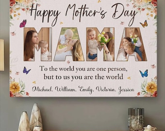 Personalized Mama Photo Canvas, Custom Mother’s Day Gift for Mom, Family Picture Collage Canvas, Happy Mother’s Day Wall Art