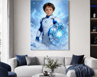 Turn Your Child Into an Ice Warrior Canvas, Custom Fantasy Hero Portrait, Personalized Kids Superhero Wall Art, Boys Bedroom Decor
