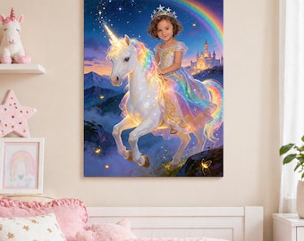 Custom Unicorn Princess Canvas, Turn Your Girl into Magical Unicorn Rider Portrait, Personalized Kids Wall Art Gift for Daughter