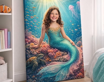 Custom Mermaid Canvas Portrait, Personalized Child Photo Art, Dreamy Ocean Princess Wall Decor