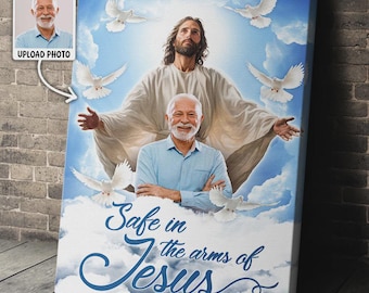 Personalized Safe in the Arms of Jesus Memorial Canvas, Custom Photo Sympathy Gift, Christian Remembrance Wall Art for Loss of Loved One