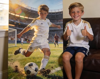 Custom Soccer Player Canvas, Personalized Action Portrait, Kids Sports Wall Art