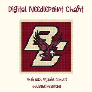 May include: Digital needlepoint chart featuring a maroon and gold design with a stylized eagle and the letters "BC". The chart is on a four-inch square canvas. Text reads "Digital Needlepoint Chart" and "@busybeingstitchy".