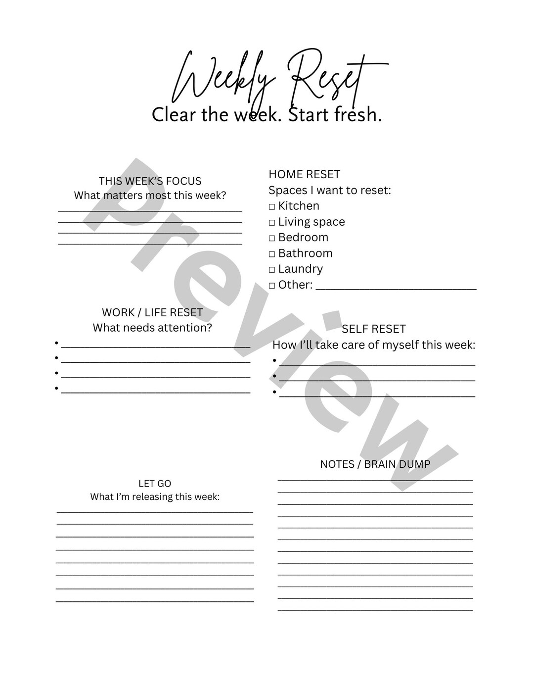 Weekly Reset Planner Printable | One Page Weekly Reset Checklist ...