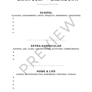 Könnte beinhalten: Ein weißes Grafikdesign mit dem Text „BRAIN DUMP → BREAKDOWN“ und dem Satz „Were not organizing yet. Were just sorting.“ Die Grafik ist in Abschnitte unterteilt: SCHOOL, EXTRA-CURRICULAR und HOME & LIFE, jeweils mit Unterthemen.
