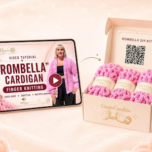 May include: A DIY finger knitting kit for a pink Rombella cardigan, including a tablet displaying a video tutorial, a box containing three skeins of pink yarn with a QR code, and a finished pink cardigan worn over a black top and black pants.