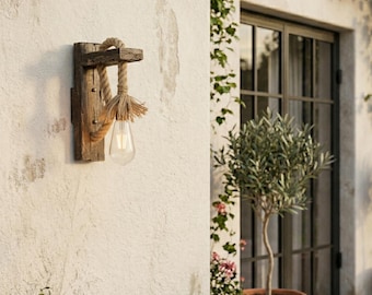 Aplique de pared rústico de cuerda / Lámpara de estilo industrial rústico de madera, estilo vintage