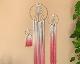 Macrame Dream Catcher Wall Hanging - White Rope Dip Dyed Pink Ombre on Brass Hoop - Bohemian Sunburst Decor - Boho Gift - Various Sizes