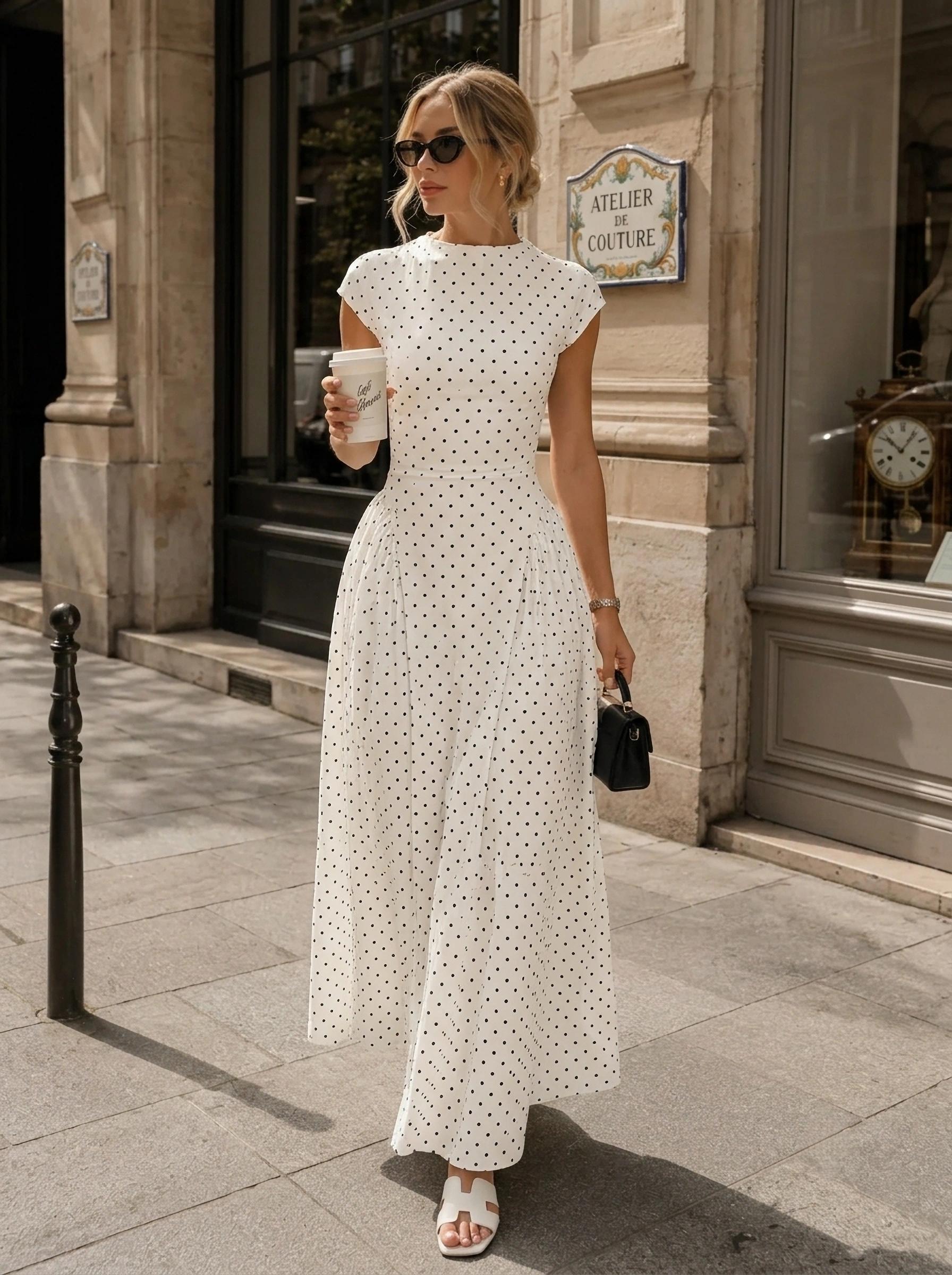 polka dot tea party dress Tea-Length Black Party Dress with Polka Dots PromGirl