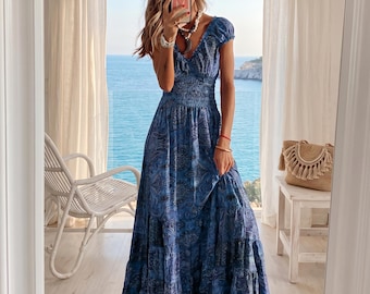 Boho Floral Maxi Dress, V Neck Summer Dress, Flowy High Waist Dress, Plus Size Bohemian Dress, Cottagecore Vacation Outfit