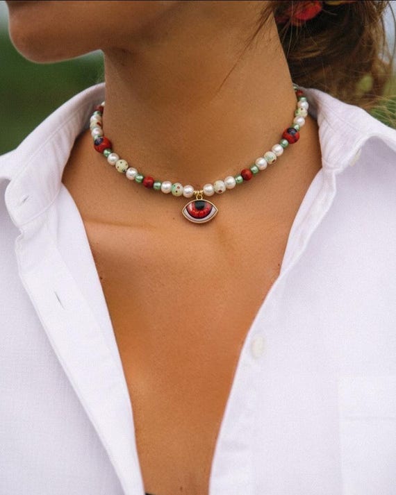Handmade Pearl and Ceramic Beaded Necklace with Red Enamel Evil Eye Pendant, Protective Lucky Eye Jewelry Gift for Women Boho Style
