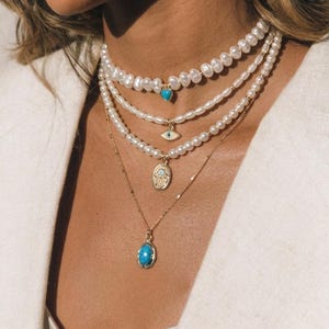 Layered Perlenkette Set, Glas Perle Gold Halskette, Edelstahl, Türkis Anhänger, Evil Eye, Hamsa Hand Charm, Boho Geschenk