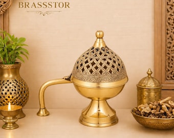 Brass Dhuna Loban Burner, Traditional Dhoop Dani, Round Incense Holder, Puja Decor