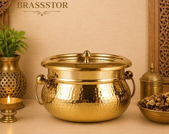 Hammered Brass Handi Pot, Traditional Indian Cookware, Serving Bowl with Handles