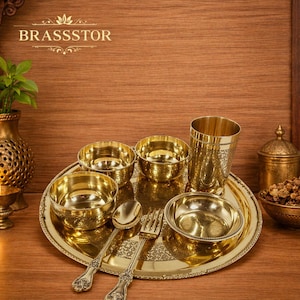 Service de table gaufré en laiton pur | Vaisselle indienne traditionnelle, 8 pièces