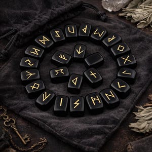 May include: A set of black rune stones with gold symbols arranged on a dark gray cloth. The stones are in a circle, with a drawstring bag in the background. A key and dried herbs are also visible.