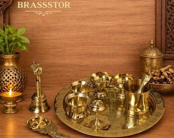Messing Pooja Thai Set | 23 cm langer Puja Teller mit Diya, Glocke und Mandir als Dekoration