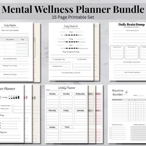 Peut inclure: Un ensemble imprimable de planificateurs de bien-être mental de 15 pages. Les pages comprennent des modèles de rythme quotidien, de bilan quotidien, de brainstorming quotidien, d'auto-soins, de planification hebdomadaire et de création de routines.