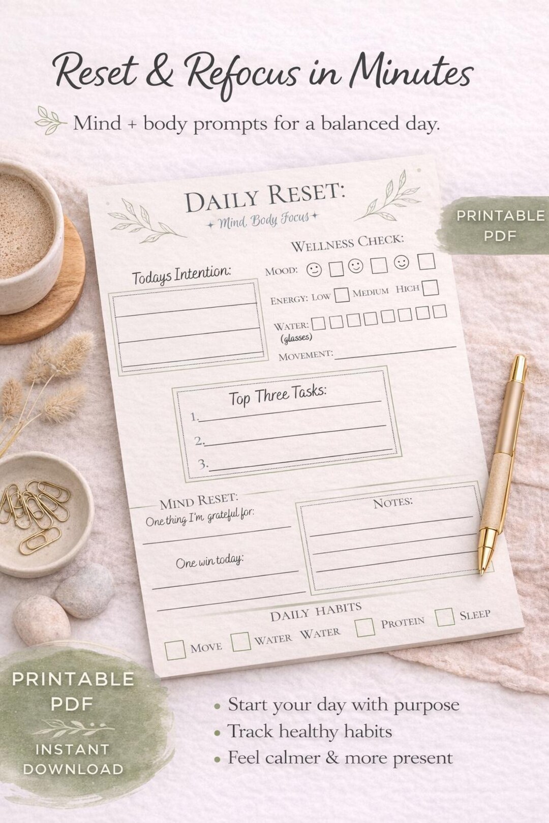 Daily Reset Planner | Minimalist Wellness, ADHD Friendly (instant ...