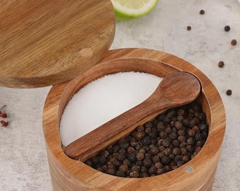Acacia Wood Salt Cellar with Lid & Spoon – Wooden Spice Box with 360 Swivel Lid for Kitchen Counter