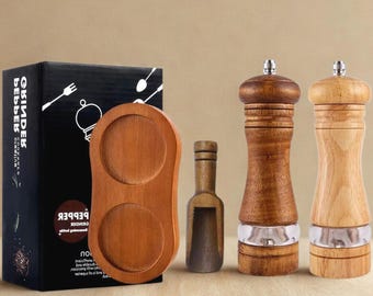 Wood Salt & Pepper Grinder Set – Manual Ceramic Mills with Adjustable Grind and Clear Acrylic Window (2 Sizes)