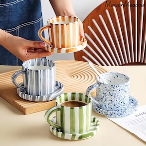 Striped Ceramic Coffee Cup & Saucer Set – Minimalist Hand-Painted Tea Cup 280ml Latte Mug for Coffee Lovers
