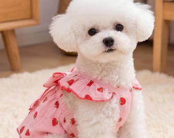 Vestido para perro con estampado de fresas / Conjunto para mascotas con volantes, ropa ligera de poliéster para verano.