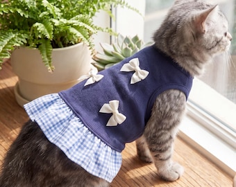 Cotton Plaid Kitten Dress with Bow Detail | Stylish Cat Apparel | Anti-Hair Loss Camisole Skirt