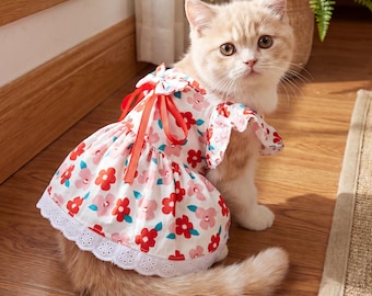 Floral Gingham Puppy Dress | Small Dog Princess Bow Outfit, Summer Pet Clothes