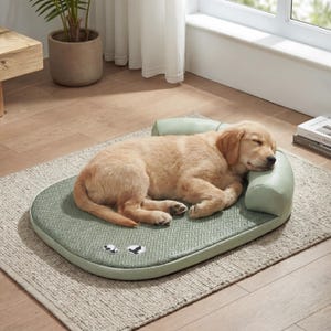 Può includere: Un cucciolo di golden retriever addormentato riposa su un letto verde per cani con un motivo intrecciato e un poggiatesta integrato. Il letto è su un tappeto di colore neutro, creando uno spazio accogliente per il cane.