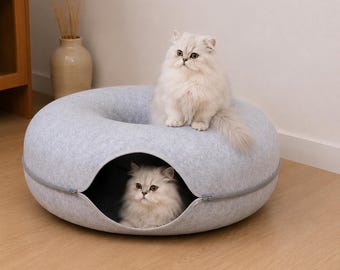 Cama túnel para gatos tipo cueva de donut / Escondite de fieltro con entrada con cremallera / Cama moderna para gatos de interior tipo nido acogedor / Estación de juegos para gatitos