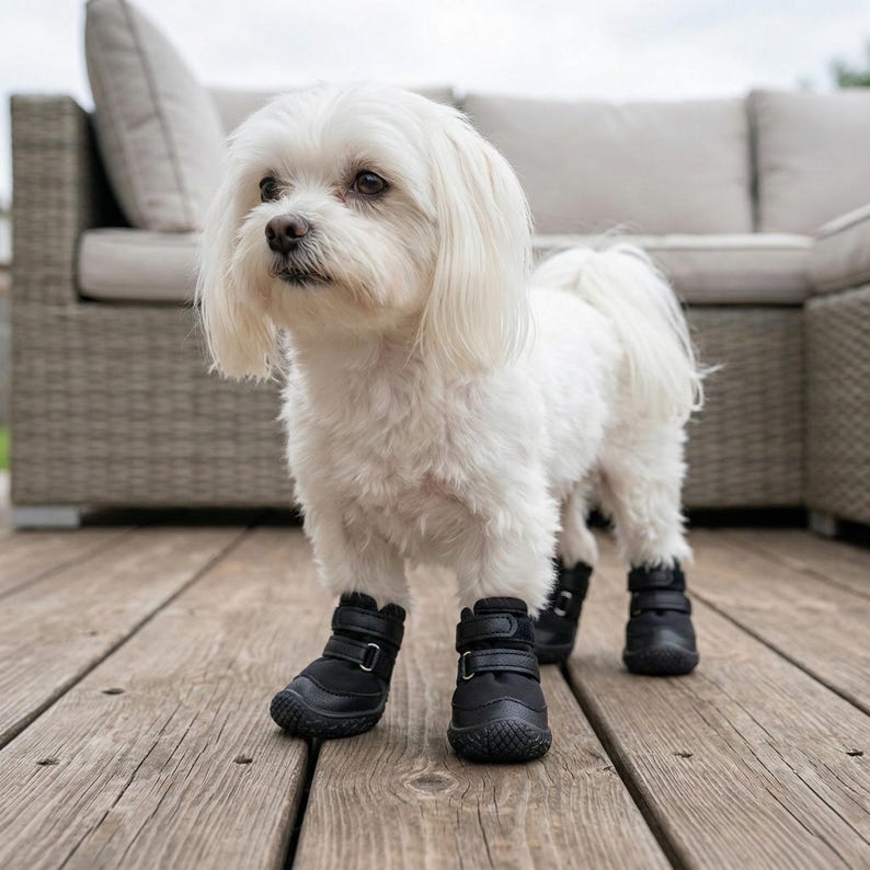 Pu&ograve; includere: Un piccolo cane bianco e soffice con quattro stivali neri per cani con chiusure in velcro. Il cane &egrave; in piedi su un ponte di legno, con un divano grigio da esterno sullo sfondo. Gli stivali hanno una suola strutturata.