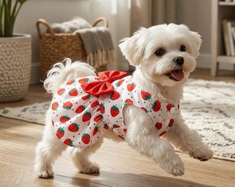 Small Dog Strawberry Print Dress | Summer Bow Outfit for Puppies