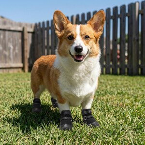 Pu&ograve; includere: Un cane corgi felice con stivali neri &egrave; in piedi sull'erba verde davanti a una staccionata di legno. Il cane ha un mantello bianco e arancione e guarda direttamente la fotocamera. Gli stivali hanno cinturini regolabili.