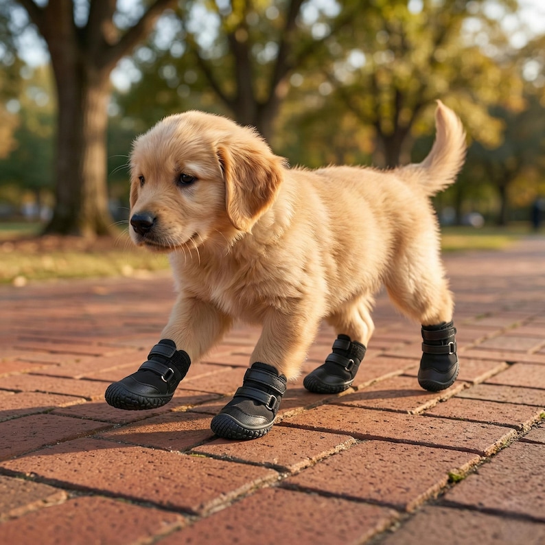 Pu&ograve; includere: Un cucciolo di golden retriever con pelo marrone chiaro indossa stivali neri per cani con cinturini regolabili. Cammina su un sentiero di mattoni, con uno sfondo sfocato di alberi e fogliame.