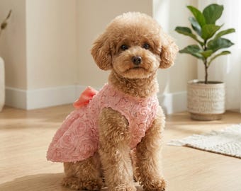 Floral Princess Dog Dress with Bow | Elegant Puppy Outfit | Embroidered Flower Small Pet Outfit