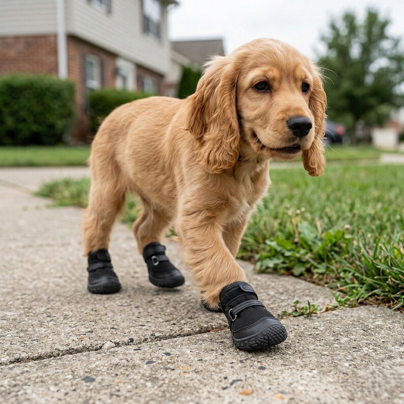 Pu&ograve; includere: Un cucciolo di Cocker Spaniel dorato con stivali neri per cani cammina su un marciapiede di cemento. Il cucciolo ha orecchie lunghe e flosce e guarda avanti. Erba verde e una casa sullo sfondo.