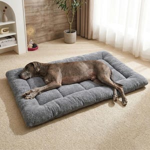 May include: A large gray dog bed with a tufted design. A brown and gray Great Dane is lying on the bed. The bed is rectangular and has a soft, plush appearance. The dog is relaxed and appears to be sleeping.